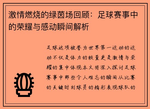 激情燃烧的绿茵场回顾：足球赛事中的荣耀与感动瞬间解析